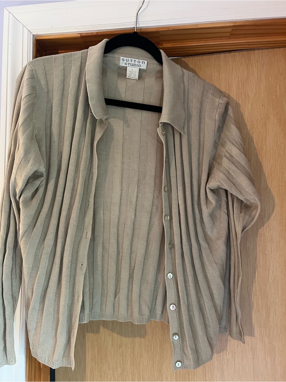 Sutton Studio Beige Ribbed Button silk Cardigan